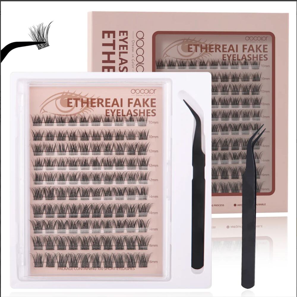 Glue-Free Black Cluster Eyelash Set 100 Pcs 10–16mm + Tweezer | Natural Look - Picture 2 of 9